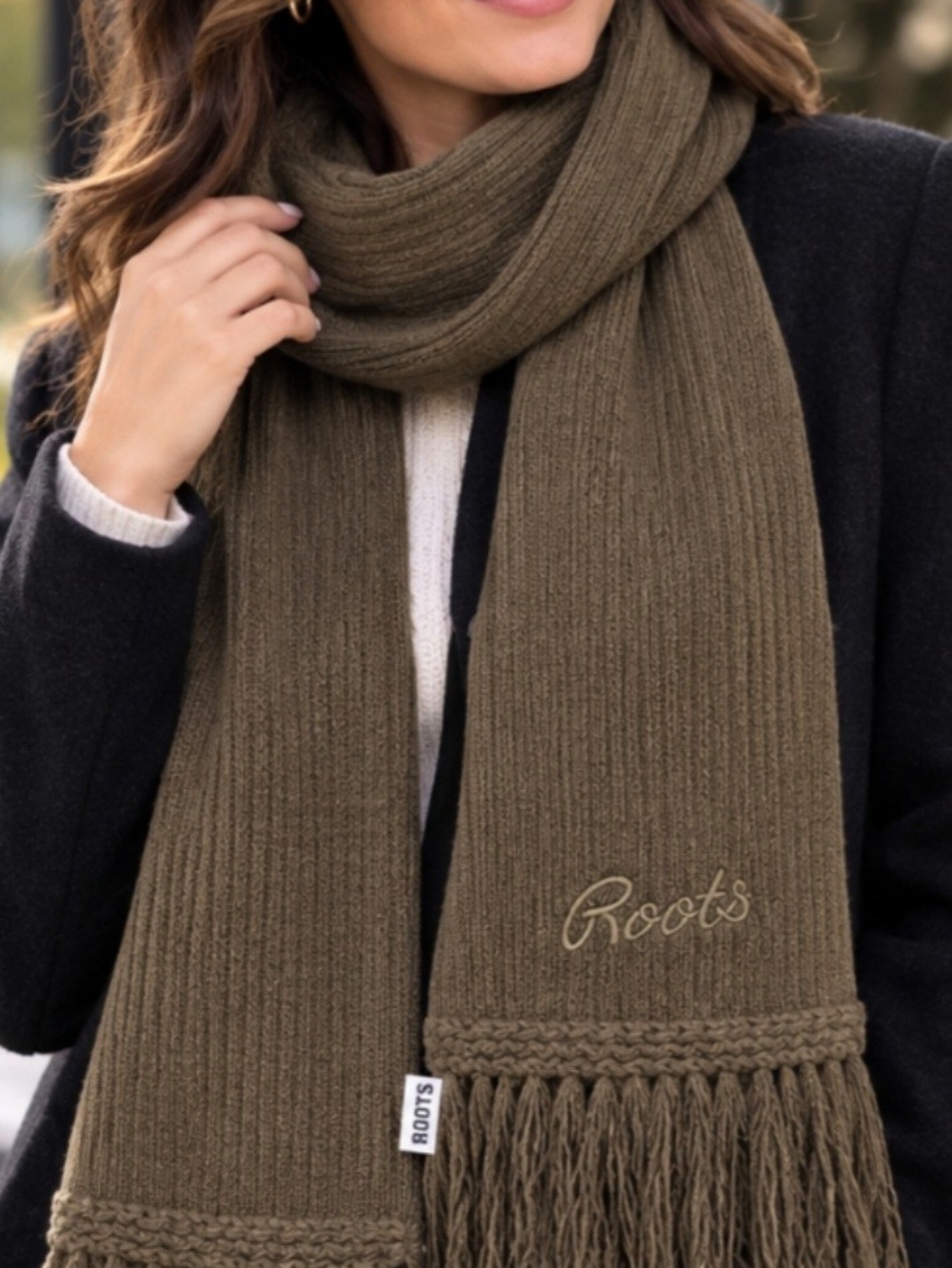 Roots Olive Ribbed Knit Scarf with Fringe